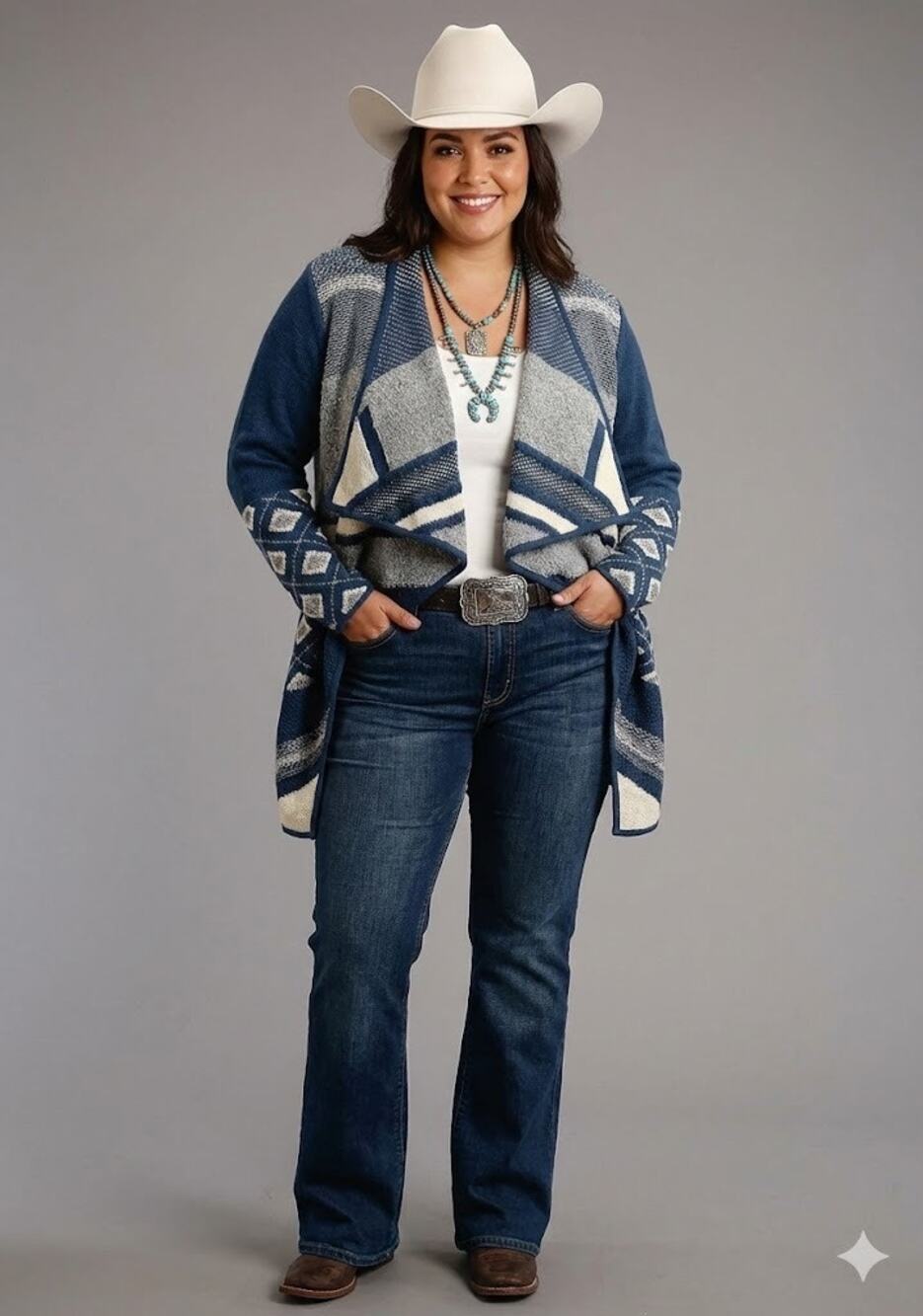 K Jordan Cardigan Sweater Womens 2X Blue Geometric Textured Open Front Tunic Top